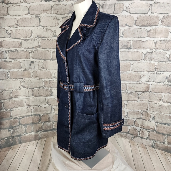GAP Belted Denim Trench Coat  Embroidered Retro Blue Size Small - Picture 15 of 16